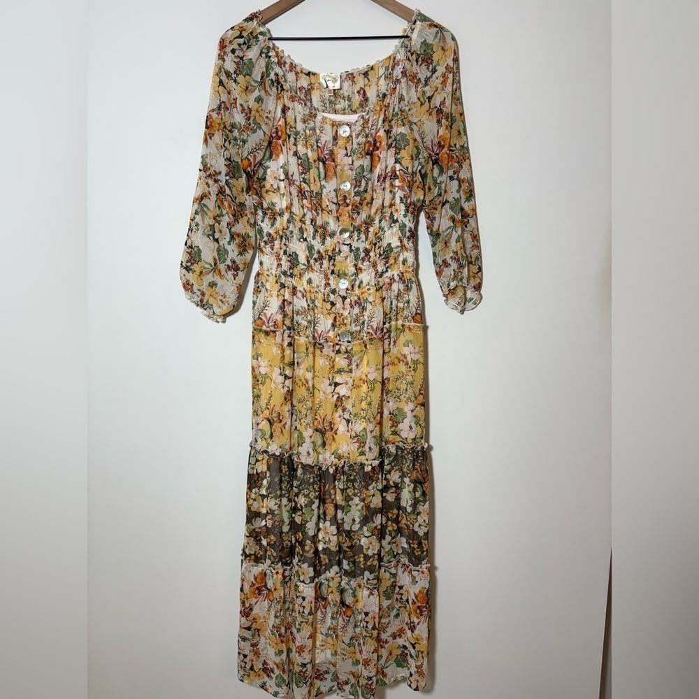 Anthropologie Fig & Flower Sheer Floral Tiered Dress Peasant Cottagecore Sz M